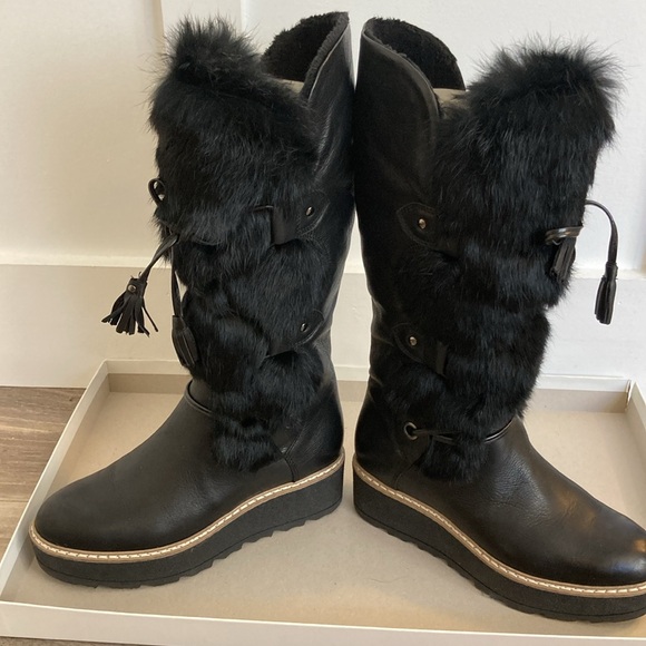 Ladies beautiful new Black leather & fur wedge Italian boots 275 Central size 37 - Picture 4 of 12